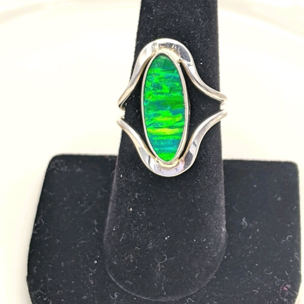 Green Blue Opal Ring Sterling Silver Ring Sz 7.5
